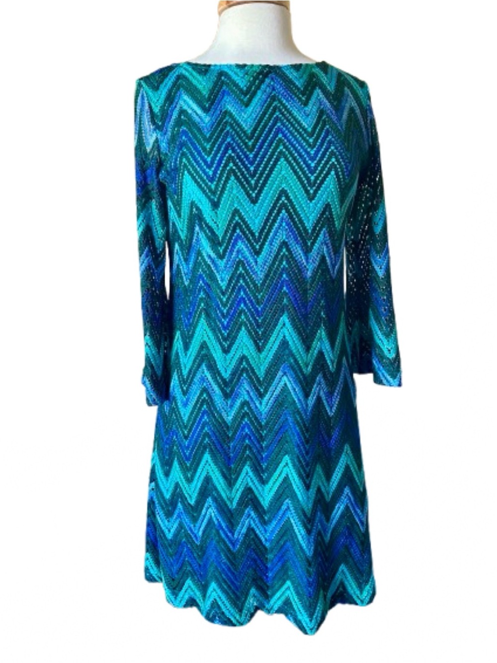 Sharagano Chevron Patterned Blue Green Dress Lined Size 8